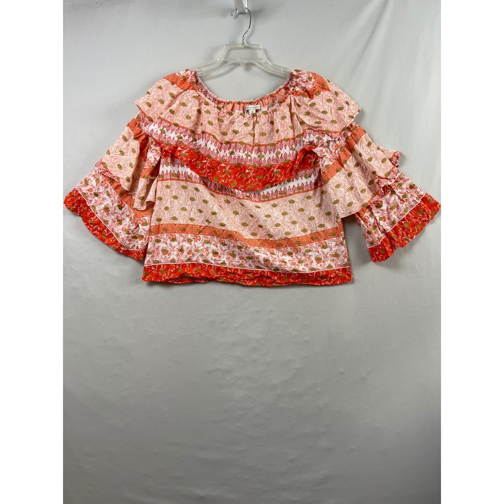 Cato Off-the-Shoulder Top Womens Size M Orange Paisley Ruffle Tiered Bell Sleeve